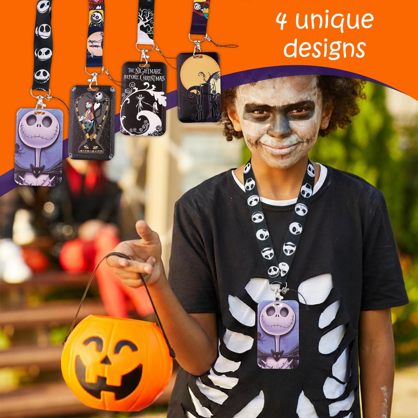 4 Pack ID Badge Holder Lanyards – Jack Sally The Nightmare Before Christmas Themed Student Card Holders for School, College & Office - Essential Campus Gear for Dorm, Dining Hall & Library Access