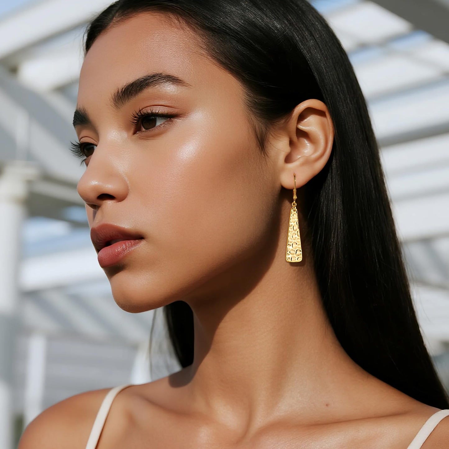 Gold Leverback Earrings, ALEXCRAFT 14K Gold Long Bar Hammered Dangle Earrings for Women Trendy Hypoallergenic 925 Sterling Silver Lightweight Statement Boho Dangling Drop Leverback Teardrop Earring