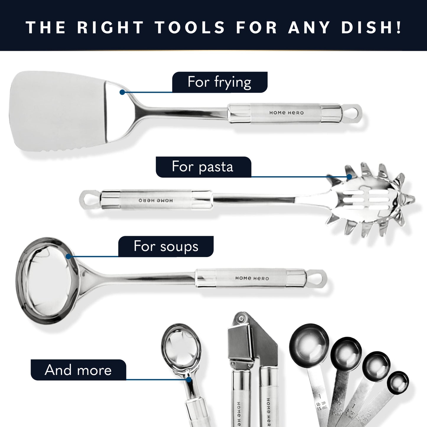 Home Hero 54-Piece Stainless Steel Kitchen Utensils Set - Heat-Resistant Nonstick Silicone & Stainless Steel Cooking Utensils - Complete Tools with Slotted Spoon & Pasta Spoon - Pack of 54, Silver