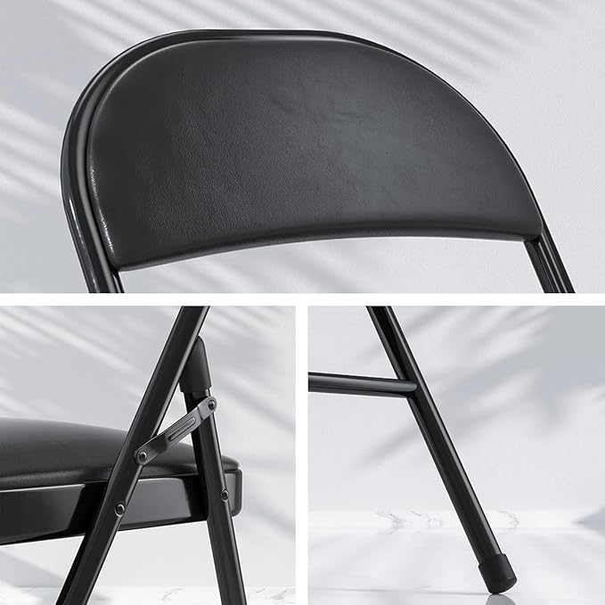 SEALAMB 4 Pack Black Folding Chairs with Padded Seats & Cushion, Durable Metal Foldable Chairs for Wedding Party, Commercial Chairs for Office School Church Events, 330lb Capacity (Black-PU, 4 Pack)