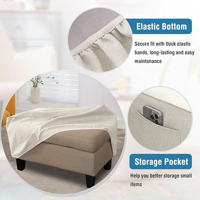 H.VERSAILTEX Thick Durable Linen Look Ottoman Cover Folding Storage Stool Furniture Protector Soft Rectangle Slipcover with Elastic Bottom Fit Length 49"-50" Footrest Washable - Heather Ivory