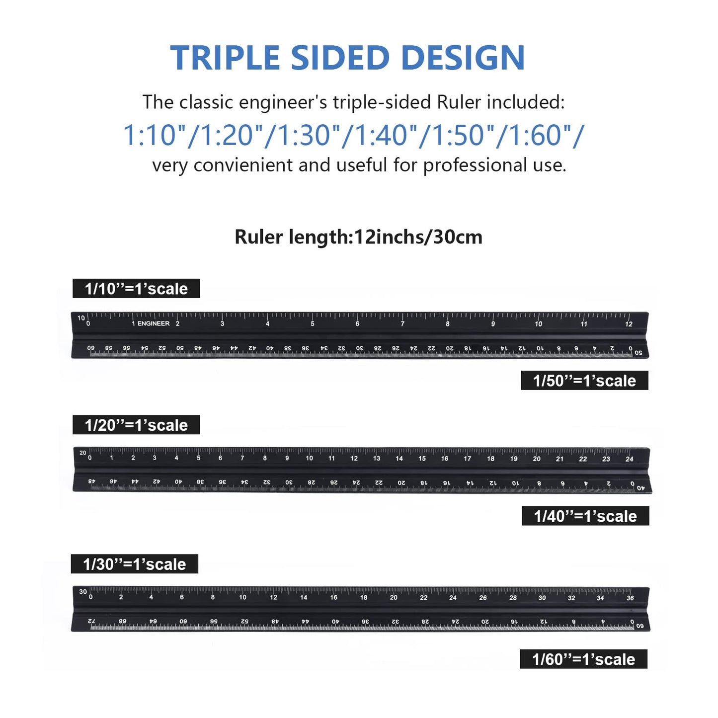 Architectural&Engineering Triangular Scale Ruler, 12 Inch Architectural Scale Ruler Set, Laser-Etched Aluminum with Stainless Steel Ruler for Architects, Students, Draftsman, Engineers (3 PCS)