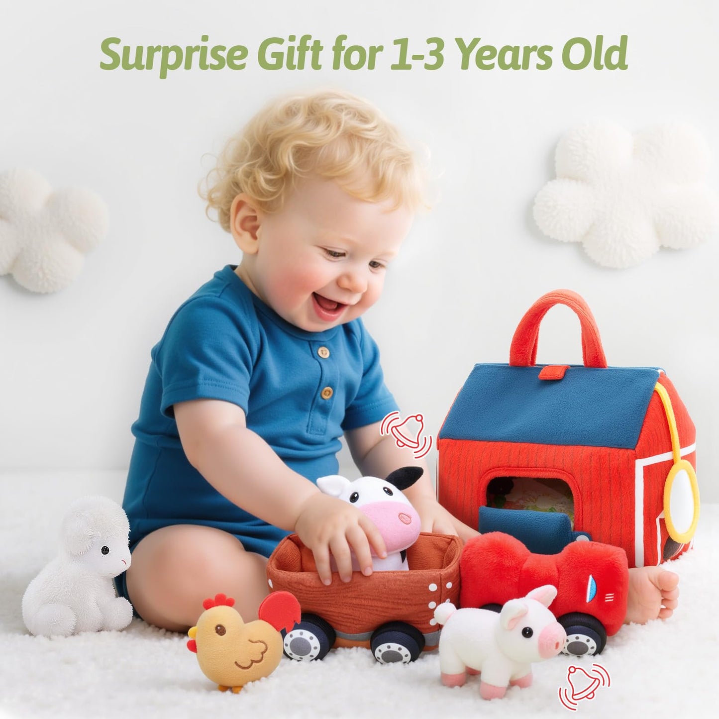 OUOZZZ Farm Stuffed Animals Toys Set for Toddlers 1 2 3 Year Old Soft Plush Playhouse with Sensory Tractor, Animal Friends with Bell Sound & Activity Mat – Portable Toy Gift for Baby Boys & Girls 9.4"