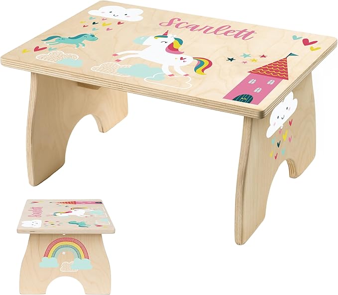 Unicorn Step Stool for Kids- Personalized Wood Toddler Step Stool with Name for Kitchen Sink, Bathroom, Potty Training, Kitchen Sink- Sturdy and Safe- Made in USA by BloomOwl (Unicorn- Doodle)