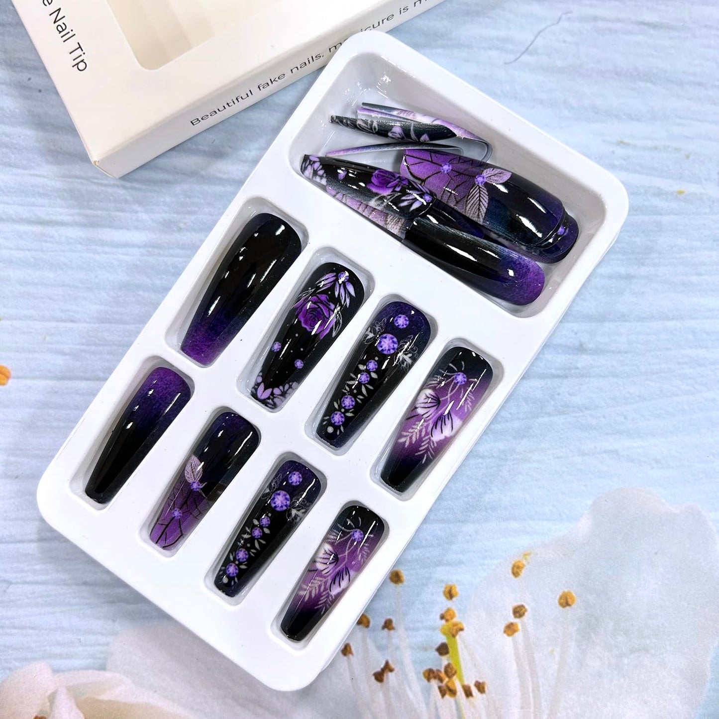 24Pcs Purple Rose Press on Nails Medium Ballet Shaped Purple Starry Sky Smudge and Flower Pattern Design Full Cover Glossy Artificial False Nail Reusable Acrylic Press Ons Stick on Nails for Women