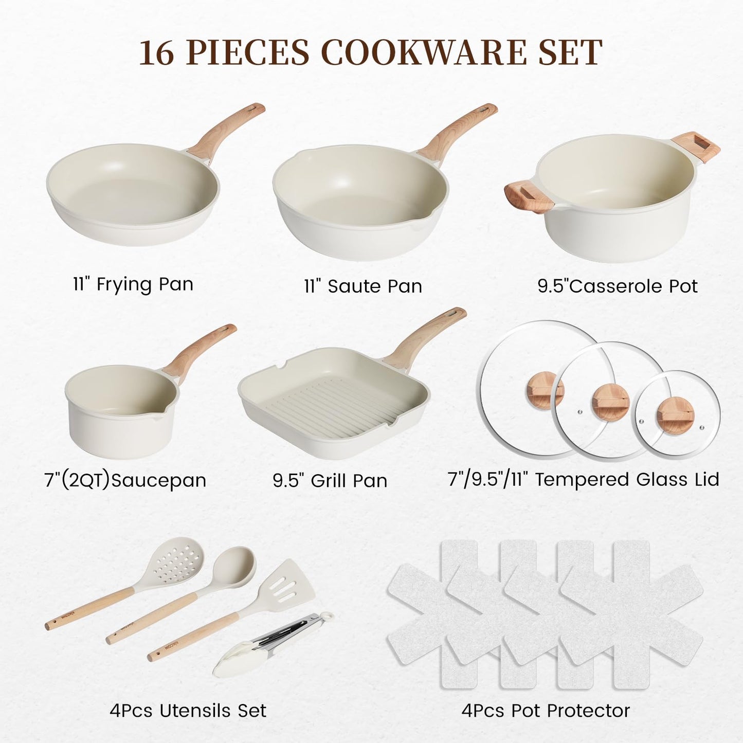 Kikcoin 16Pcs Ceramic Pots and Pans Set Non Stick, Includes a 9.5" Grill Pan, Induction Kitchen Cookware Sets, White Nonstick RV Kitchen Camping Cooking Sets Stackable (PTFE, PFOS, PFOA Free)