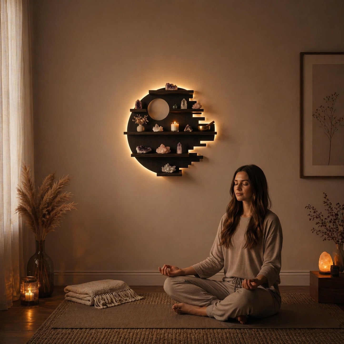 HBSGS LED Crystal Shelf for Wall, Wooden Floating Shelves with Light, Crystal Display Shelf for Healing Stones, Rock Gem Organizer, Witchy Wall Decor for Essential Oils, Trinkets, Boho Room Aesthetic