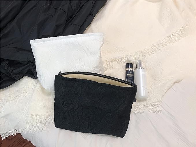 HAPPYHEIDI Large Floral Black Quilted Makeup Bag Cosmetic Toiletry Travel Pouch Purse Organizer, Canvas Lined, Embroiddered Flowers