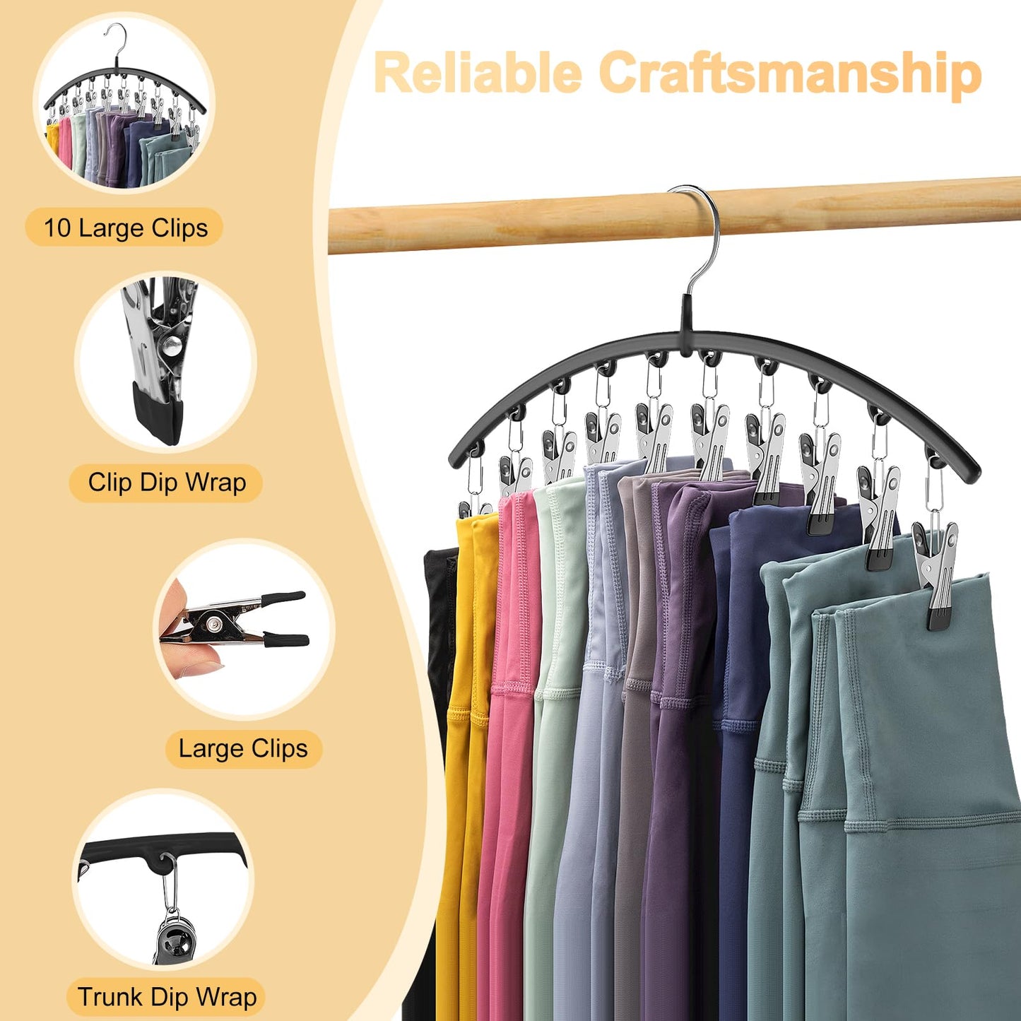 Volnamal Legging Organizer for Closet, 2 Pack Metal Yoga Pants Hangers w/10 Clips Holds 20 Leggings, Space Saving Hanging Closet Organizer w/Rubber Coated Closet Organizers and Storage, Black