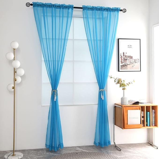 SpaceDresser Basic Rod Pocket Sheer Voile Window Curtain Panels Cyan Blue 1 Pair 2 Panels 52 Width 72 Inch Long for Kitchen Bedroom Children Living Room Yard(Cyan Blue,52 W x 72 L)