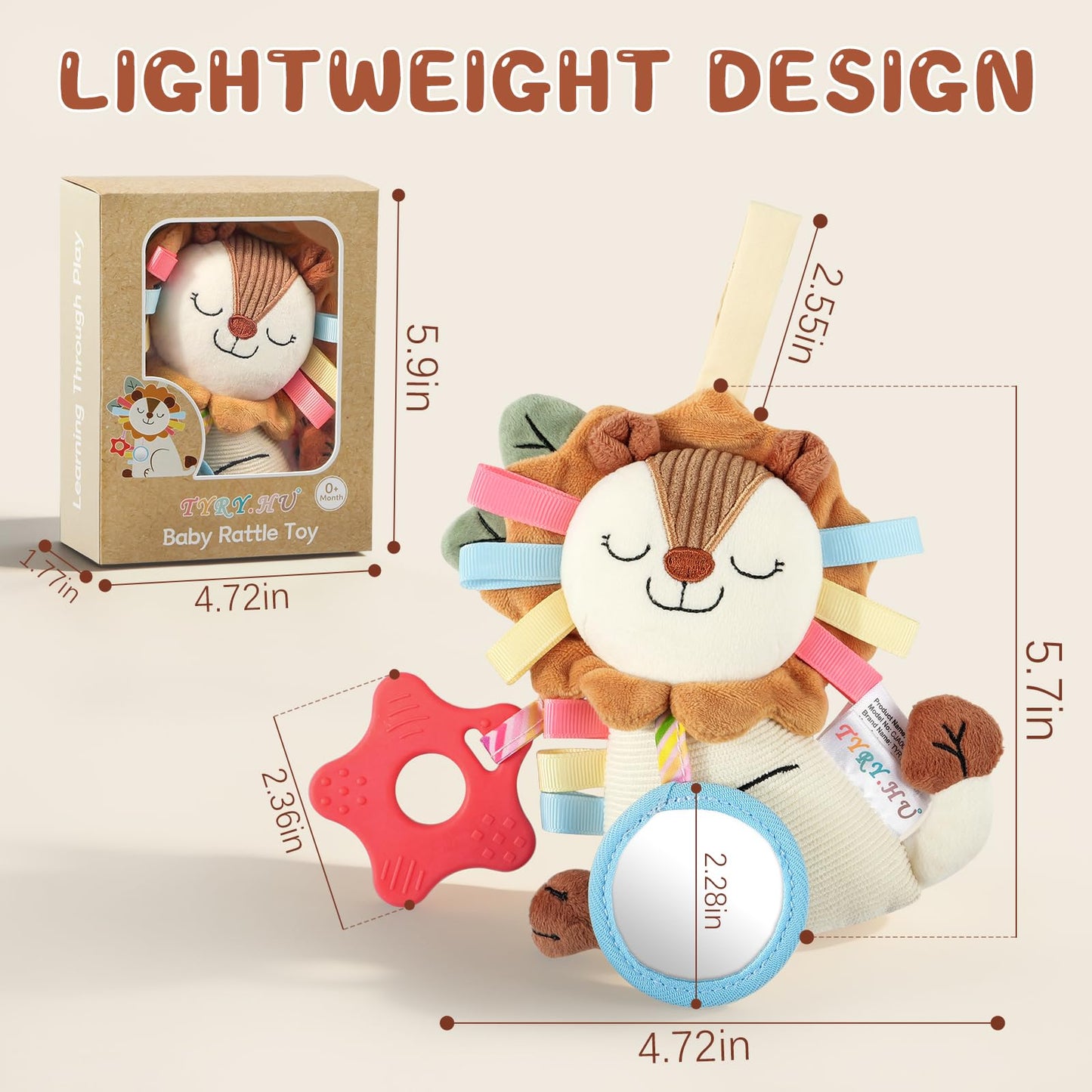 TYRY.HU Car Seat & Stroller Activity Toy,Soft Plush Cot Hanging Toy, Baby Rattle Toy with Strap,Developmental Sensory Toy-Textured Ribbons&Teether&Mirror&Crinkle Sounds for Infants 0 3 6 12 Months