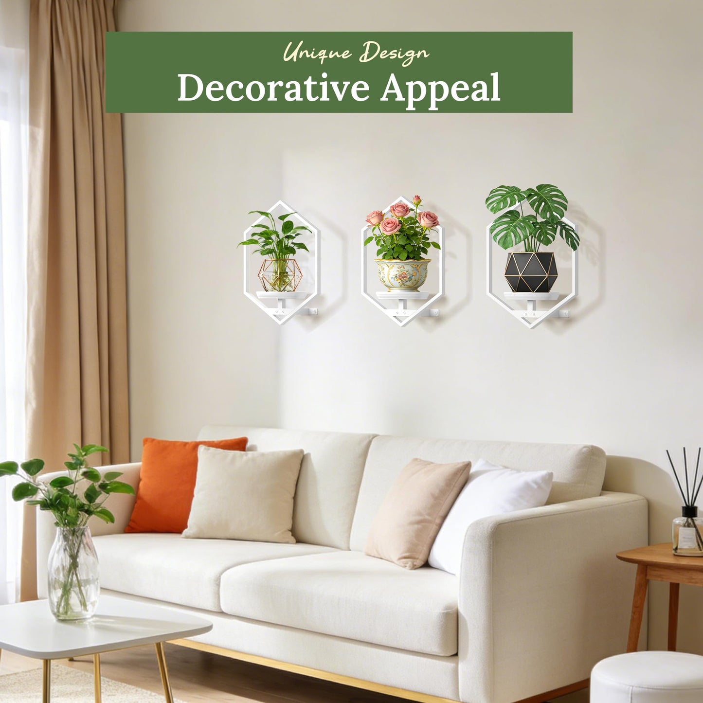 BXF Hexagon Floating Frame Plant Stand - 3 Pack Metal Wall Mounted Planters - Minimalist Geometric Hanging Decor for Indoor Succulents & Air Plants,White