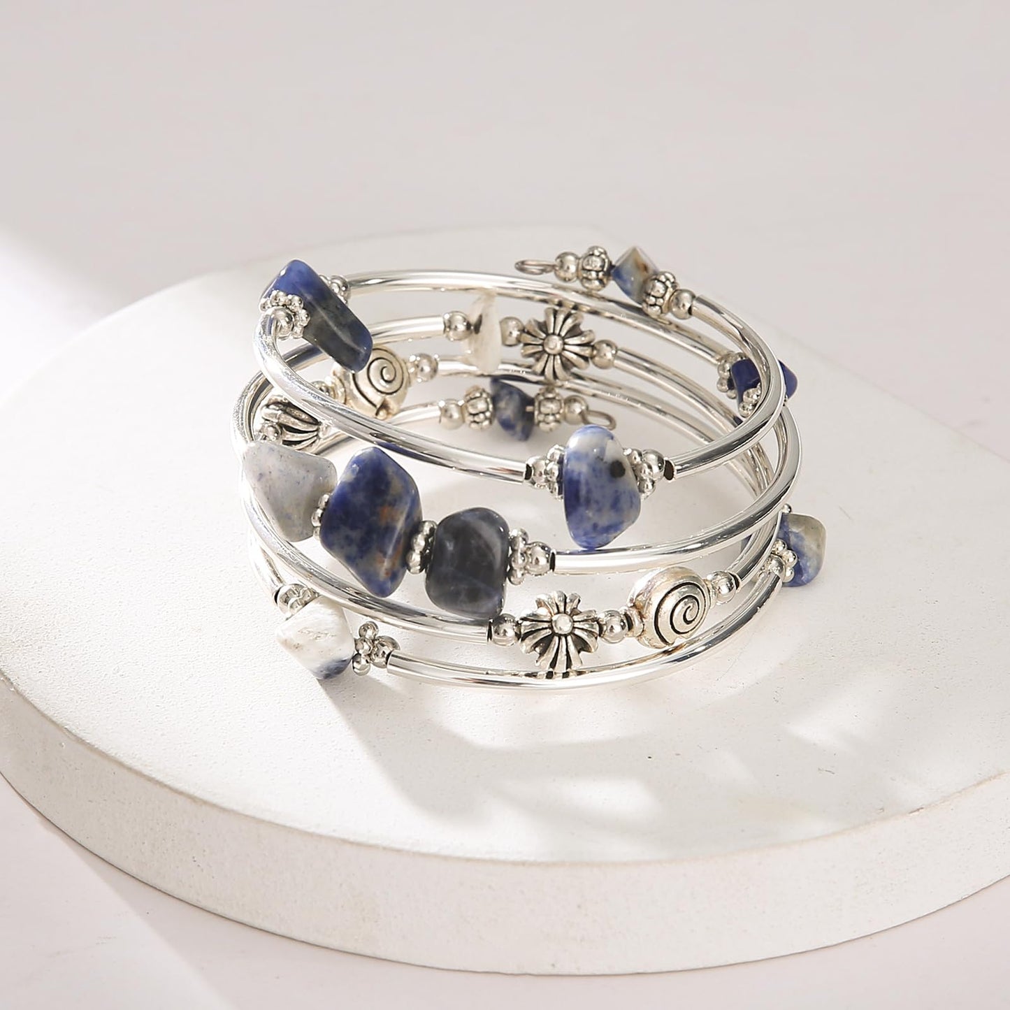 FULU AUTUMN Stone Silver Bangle Wrap Bracelet Boho Turquoise Crystal Chips Bead Bracelets Fashion Jewelry Birthday Gifts for Women(19-Blue)