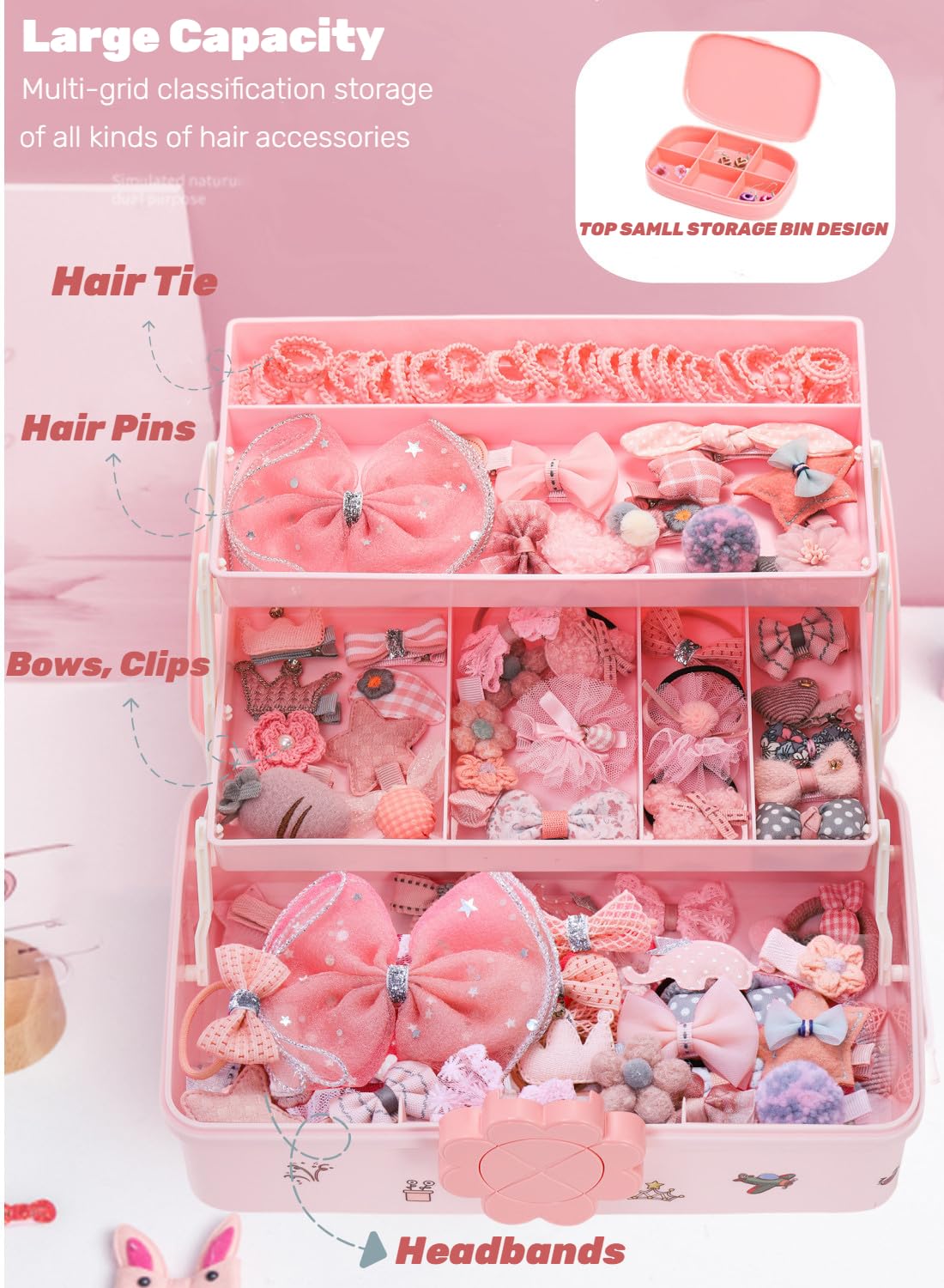 ZOOFOX Cute Hair Accessories Organizer for Girls, 3-Layers Pink Craft Storage Container with Handle, Lockable Storage Box for Hair Clip, Headband, Scrunchie, Cosmetic, Sewing, Toy, Washi Tape