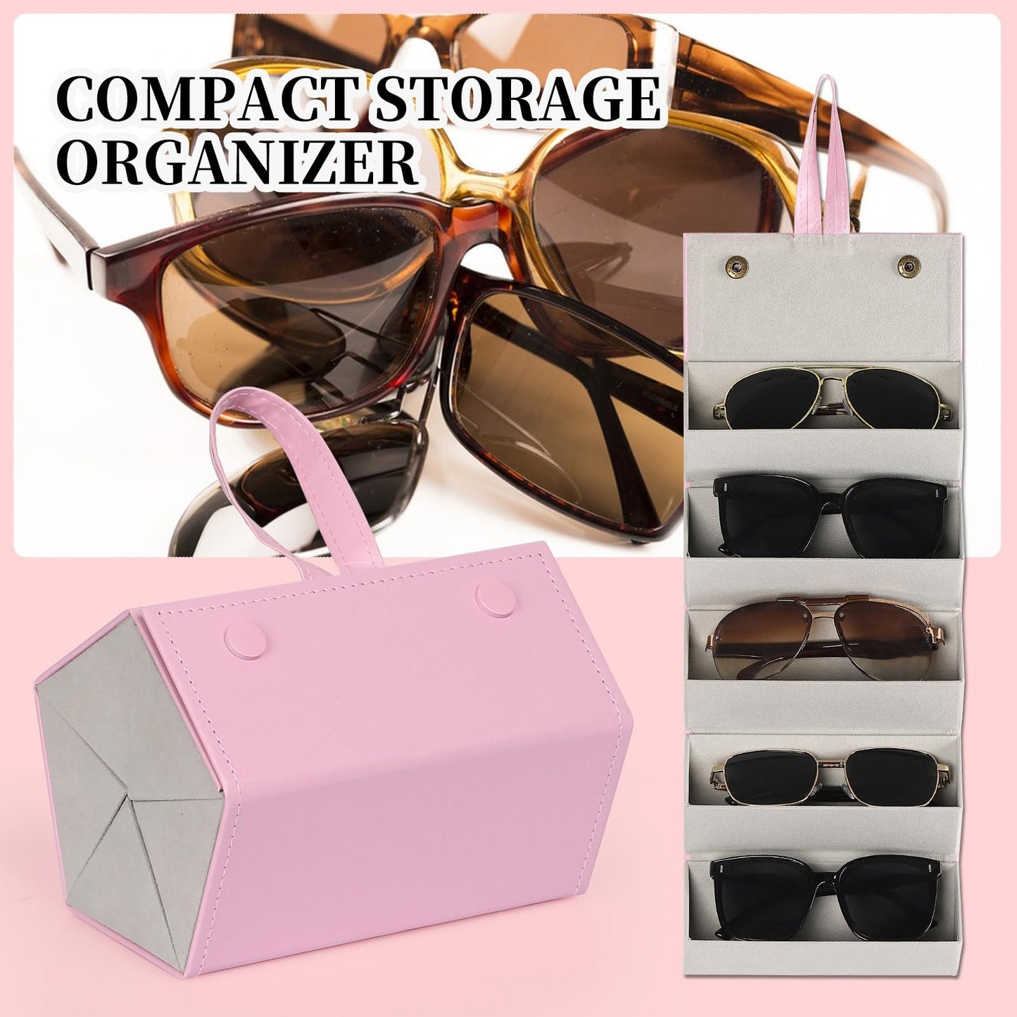 AUTOARK Foldable PU Leather Glasses Organizer with 5 Slots,Hanging & Portable Sunglass Eyewear Storage Case for Men Women,Pink,MKAW254