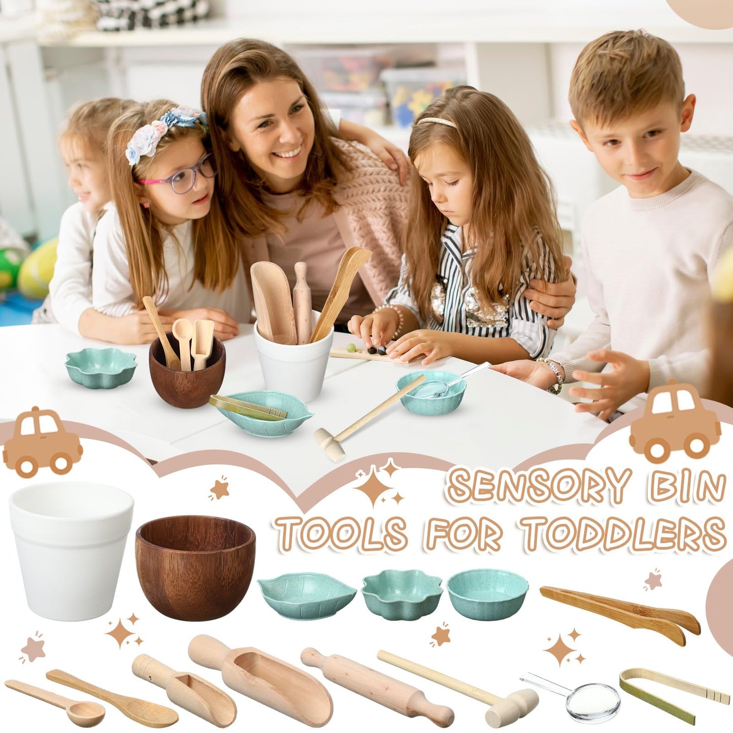 Tiangrid 14pcs Sensory Bin Tool Sensory Tools for Boys and Girls Fine Motor Skill Toys Wooden Tong Spoons Bowls Plate Hammer Magnifying Glass and Rolling Pin for Transfer Work and Fine Motor Learning