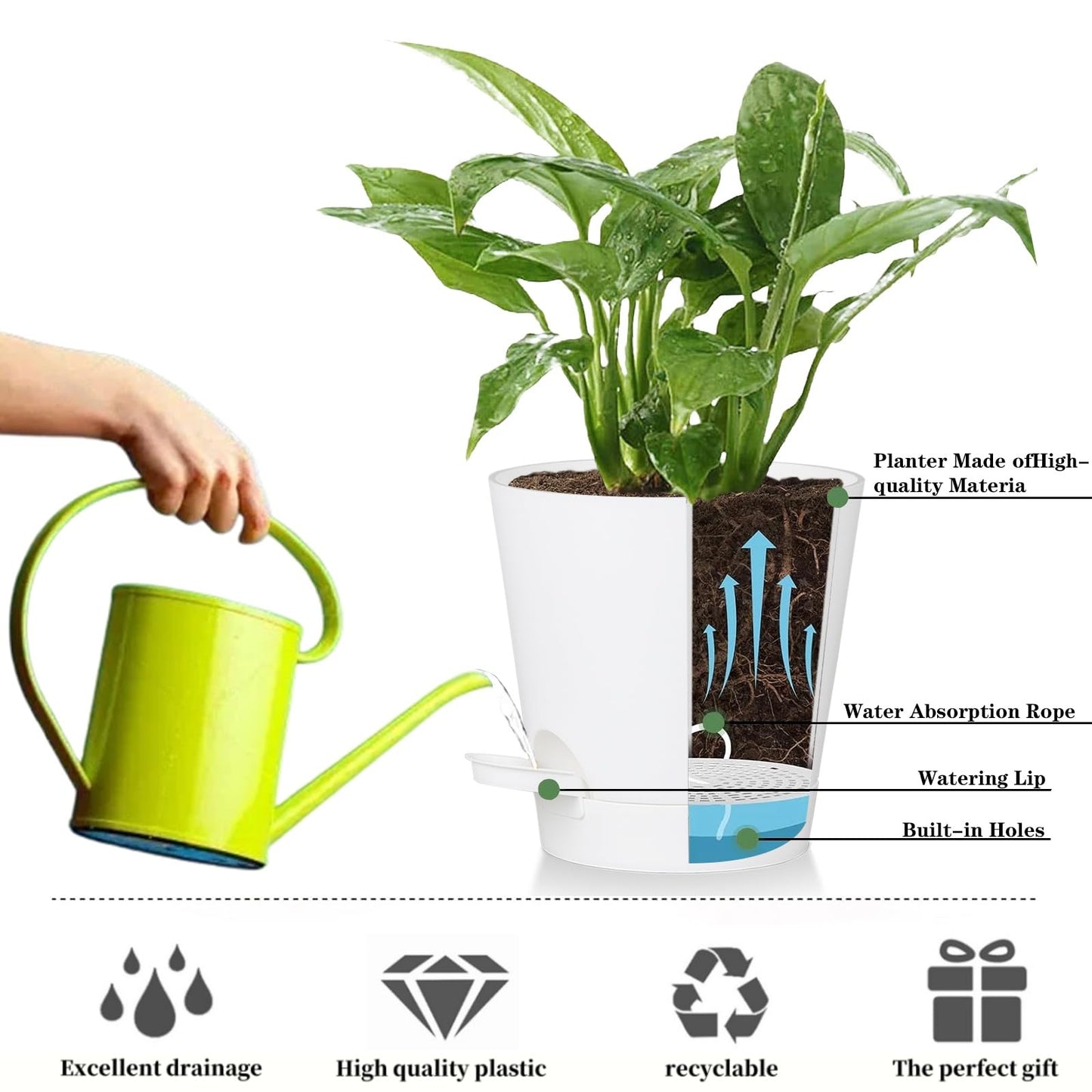 zople 5 Pack 5 inch Self-Watering Pots, African Violets Planter with Drainage Holes and Reservoir, White Plastic Planter for Indoor Outdoor Plants Flowers and Houseplants White, 5 inch 5 pcs