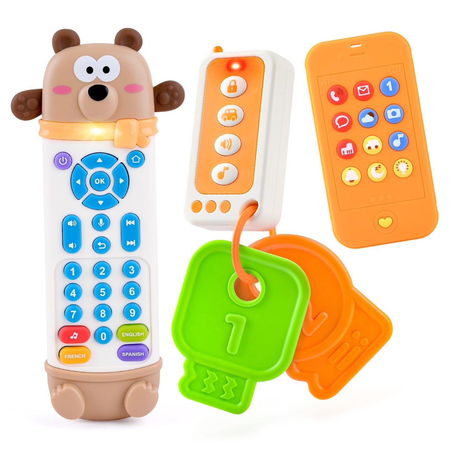 Baby Remote Control Toy with Phone Teether & Teething Keys & Car Remote, Remote Teether for Baby with Realistic Light and Sounds, Baby Musical Toys Gift for Boys Girls 6+ Months