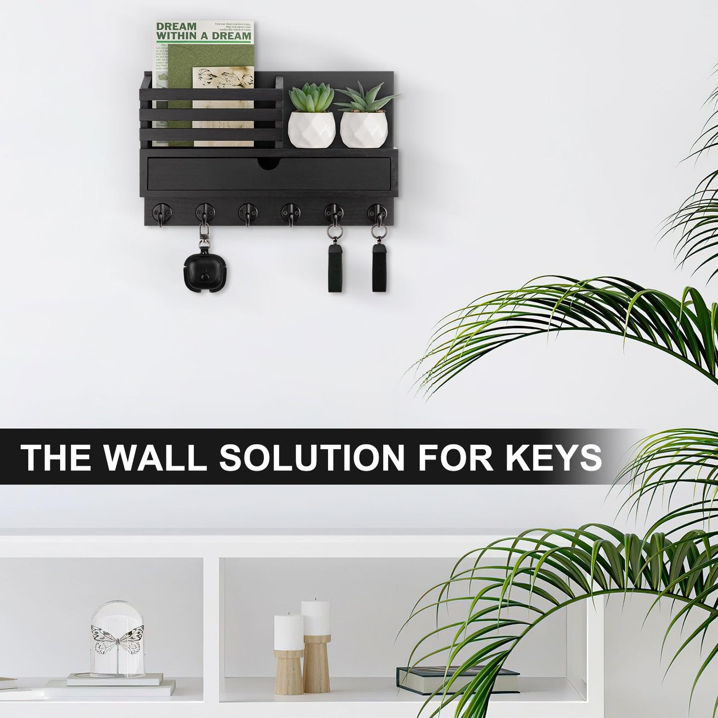 Lucundm Key Holder Wall Mount, Mail Holder with Storage Drawer and 6 Key Hooks for Coat, Dog Leash, Home Decor Rack, House Accessories, Entry Way Organizer
