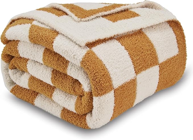 CozeCube Checkered Blanket, Ultra Soft Cozy Orange and White Throw Blanket, Warm Cozy Knit Fuzzy Plush Checkerboard Throw for Couch Bed Sofa, 50"x60"
