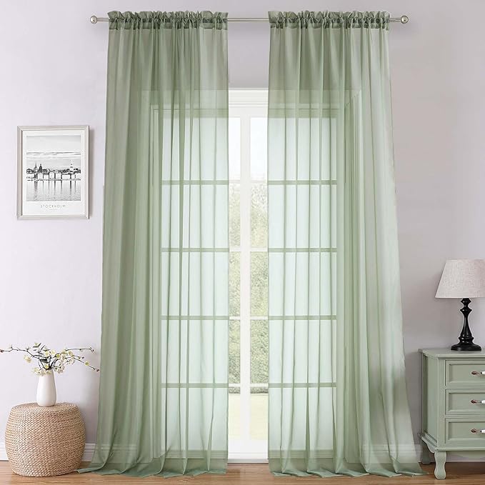Lecloud Sage Green Sheer Curtains 120 Inches Long 2 Panels, Extra Wide Farmhouse Airy Voile Window Curtains, Solid Sheer Curtain Drapes for Living Room Balcony Big Windows, 59" W x 120" L