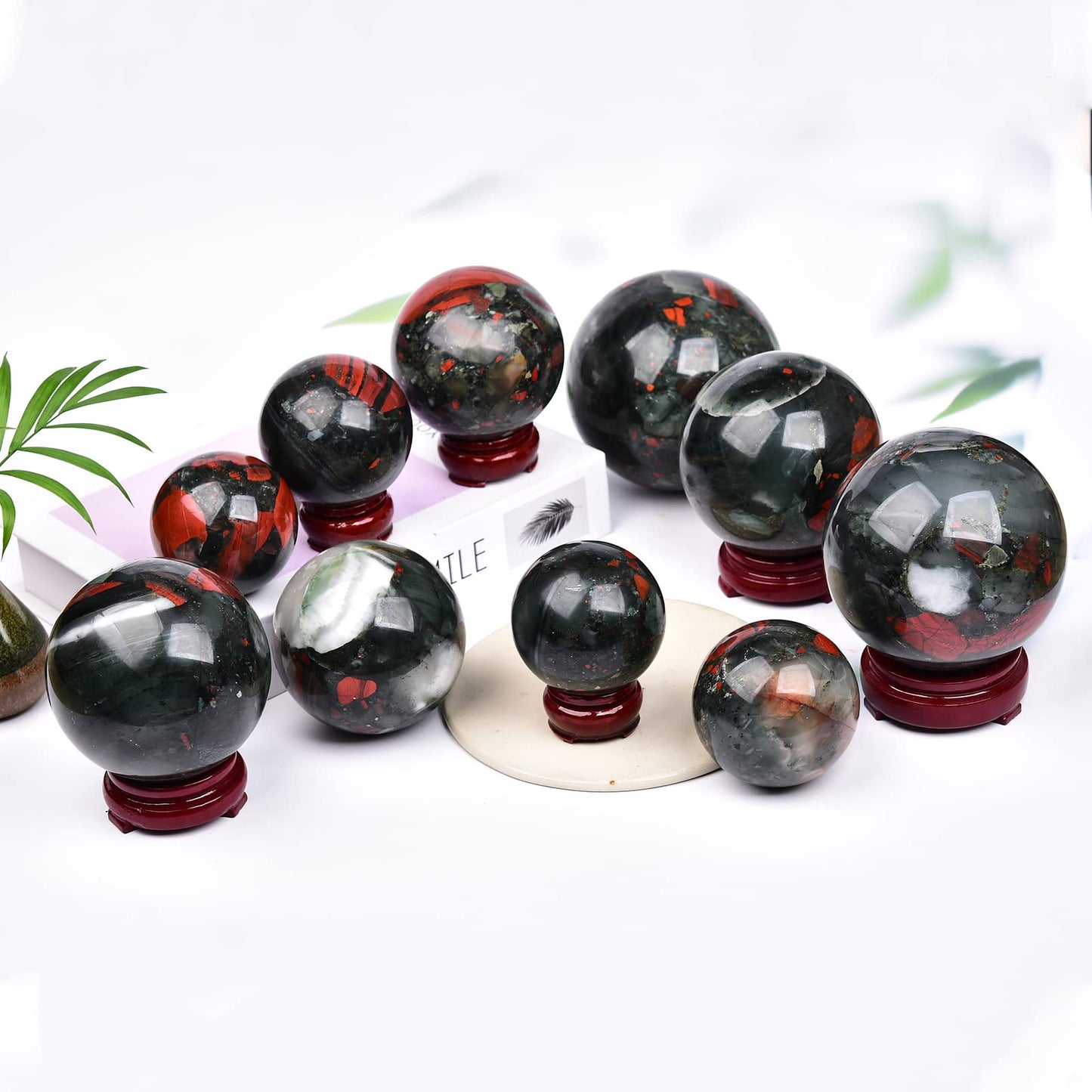 JIC Gem African Bloodstone Crystal Ball Natural Quartz Crystal Sphere Stone Ball with Wooden Base (70-80mm)