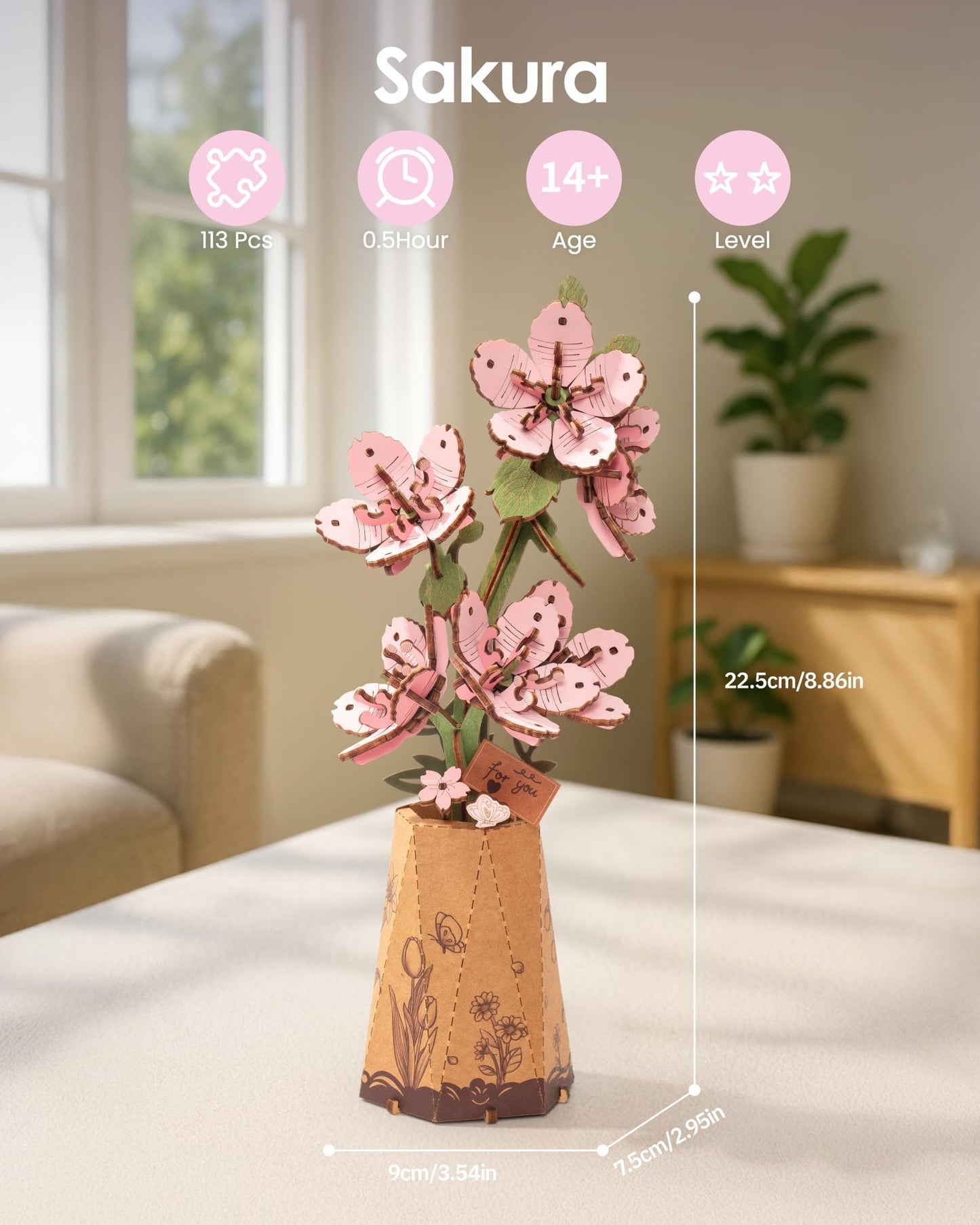 ROBOTIME 3D Puzzle Sakura TW101, DIY Wooden Flower Craft, Artificial Flowers Model Kit to Assemble for Adults, Home Decoration and Valentine's Day Toy Gift Set