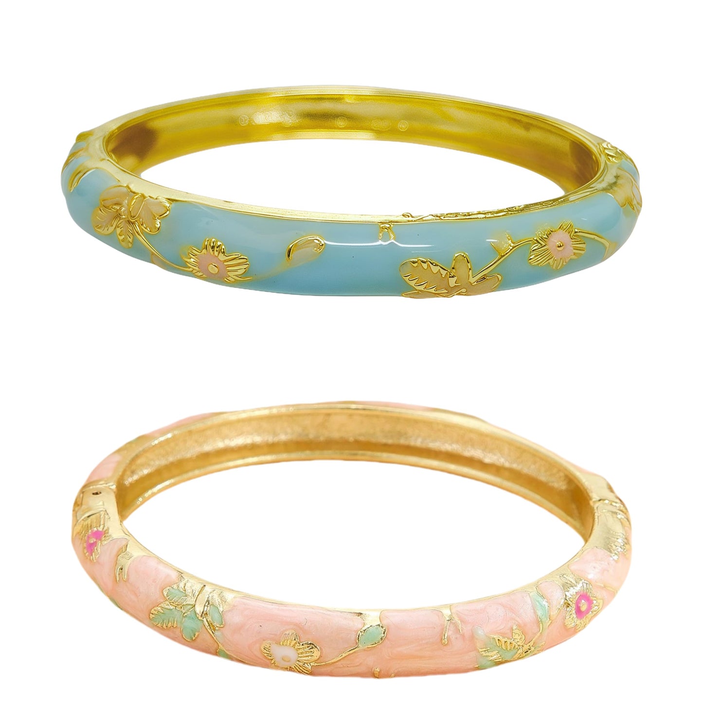 Cloisonne Bracelet For Women, Chunky Bangle Trendy Cute Flower Enamel Bangles Multi Tone Engraved Cuff Gold Plated Bracelets Stackable Wife Jewelry Friendship Gift (Blue&Pink Set, One Size)