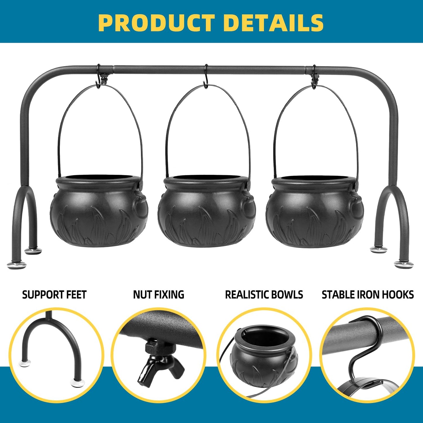 inin Easter Party Decorations Indoor,Set of 3 Witches Cauldron Candy Serving Bowls With Rack, Easter Candy for Kids, Halloween Party Supplies,Black Plastic Candy Cauldron for Table Decor