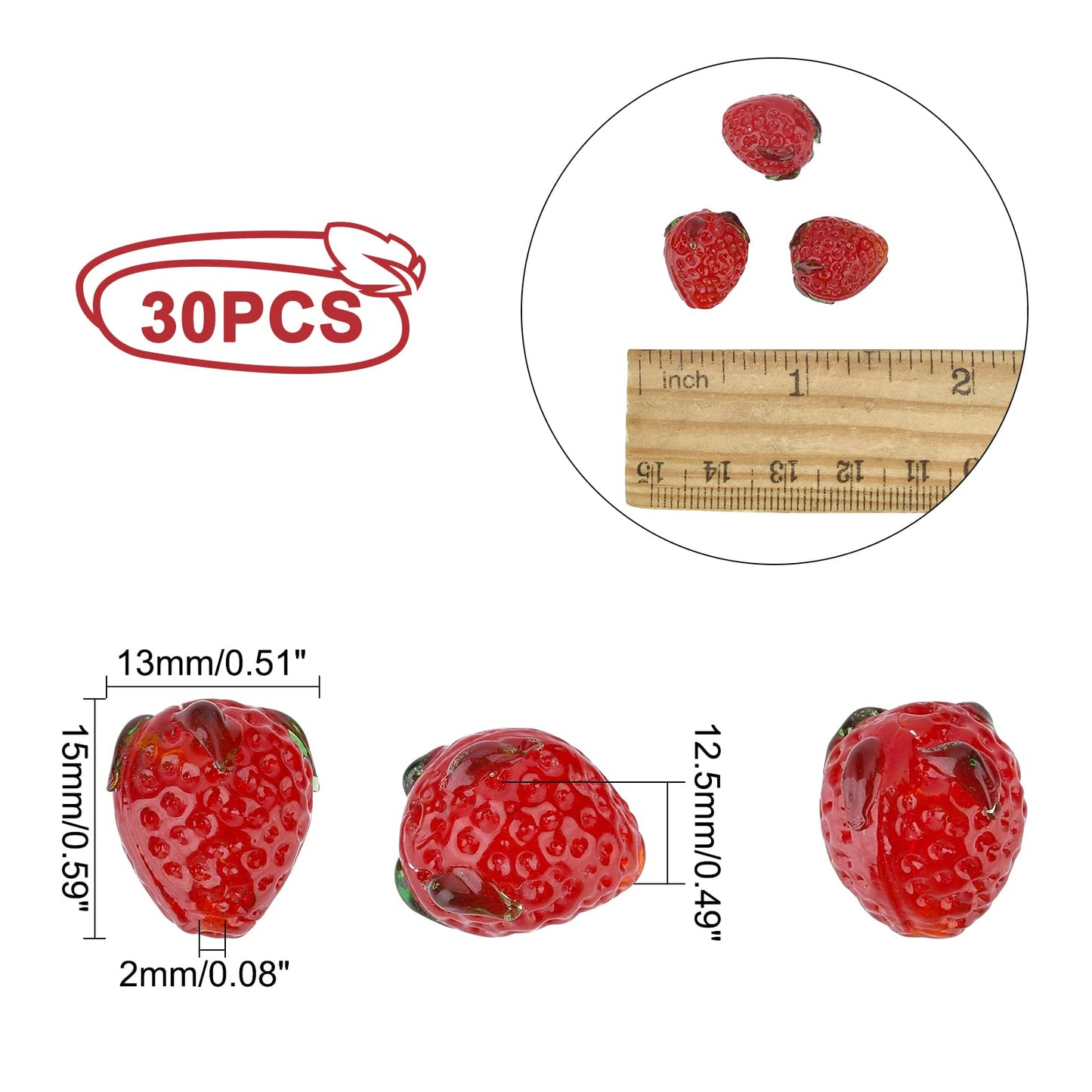 PH PandaHall 30pcs Strawberry Beads, 3D Fruit Beads Lampwork Glass Beads Spacer Loose Beads Red Imitation Strawberry Pendants for Spring Summer Bracelets Necklace Earring Christmas Jewelry Making