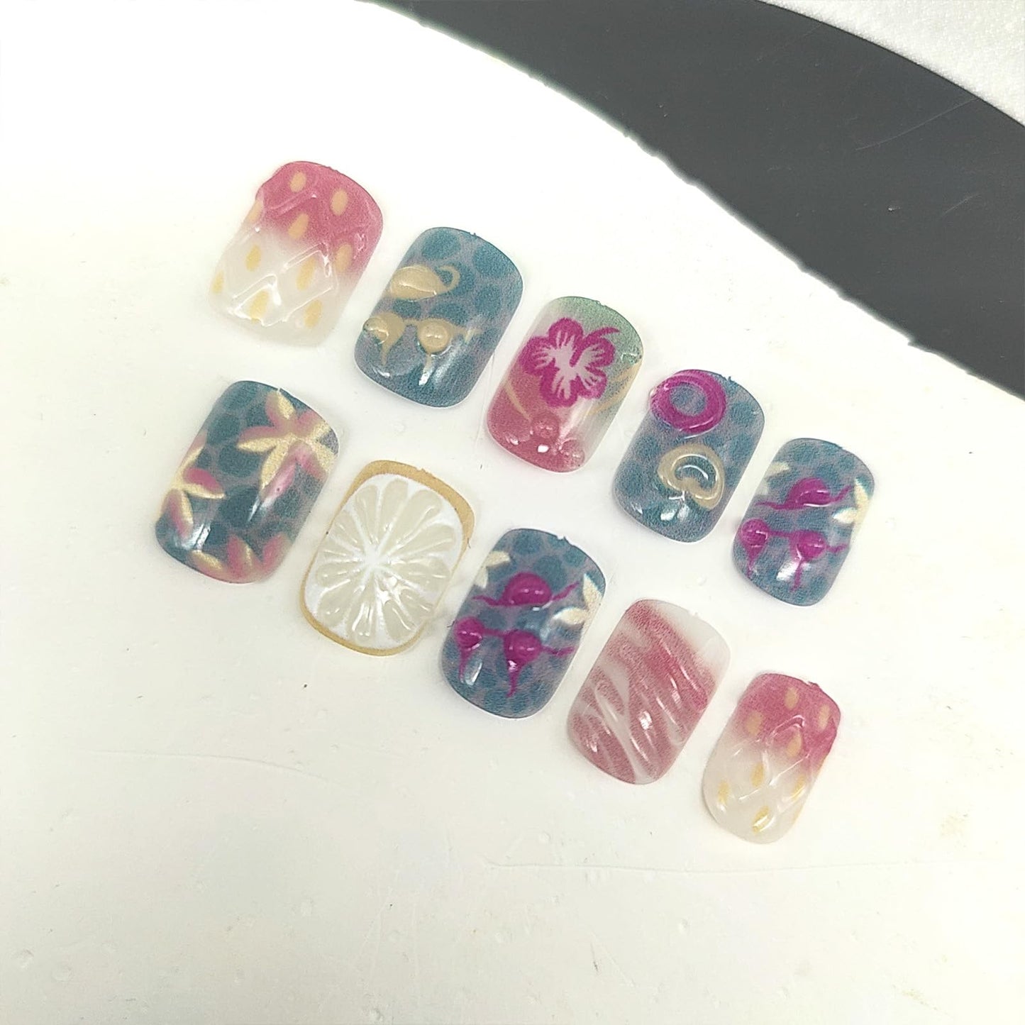 Summer Press on Nails Short Square Fake Nails with 3D Lemon Heart Flower Designs Pink Nails Press ons Blue Pink Glue on Nails Glossy False Nails Cute Stick on Nails for Women 24Pcs