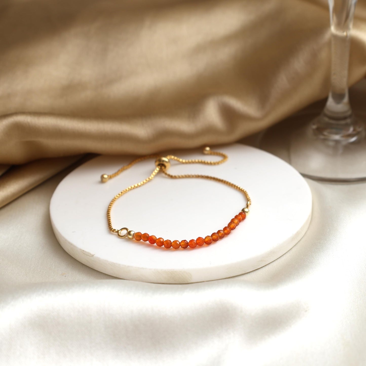 Gempires Real Carnelian Beads Bracelet, Orange Beaded July Birthstone Bracelet, Pull String Adjustable Bracelet, Gemstone Jewelry Gold Plated Chain (6-9 inch Adjustable Length)