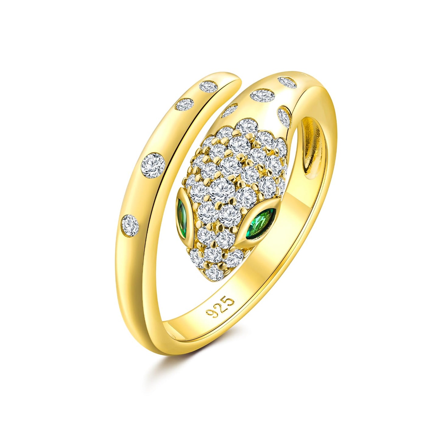 RANDES 14K Gold Plated Snake Ring 925 Sterling Silver Created Emerald Diamond Statement Cocktail Rings for Women Open Gothic Ring Size 7