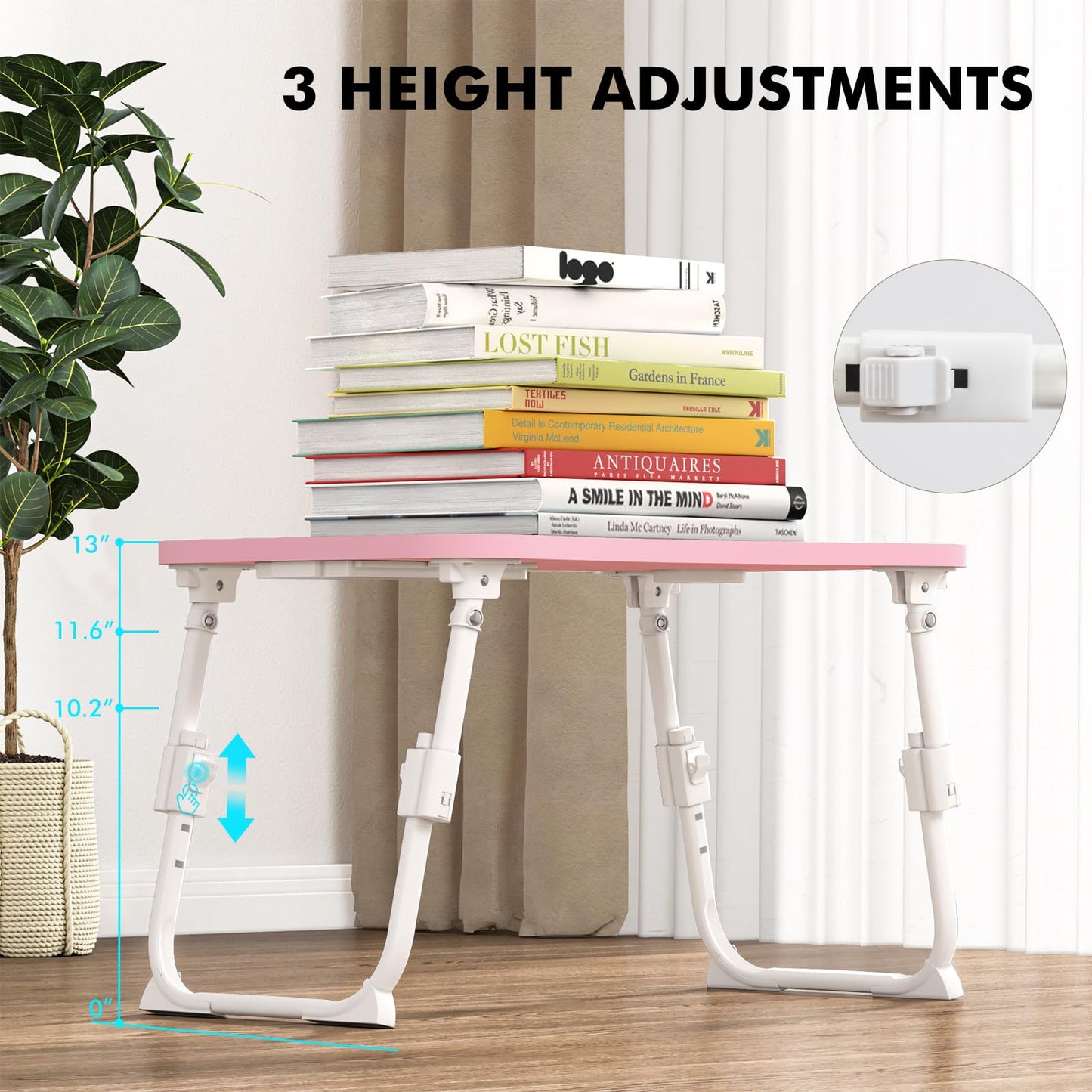 Lap Desk for Bed Adjustable Height, Foldable Bed Table with Storage Drawer, Tablet Slot & Cup Holder, Portable Laptop Stand for Bed & Sofa, Bed Desk for Adults & Kids, Pink