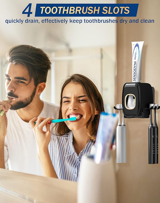 Toothpaste Dispenser Wall Mount with Toothbrush Holder, WAYCOM AutomaticToothpaste Squeezer 2 Cups Toothbrush Holder for Bathroom Accessories Tooth Brushing Holder Organizer and Storage