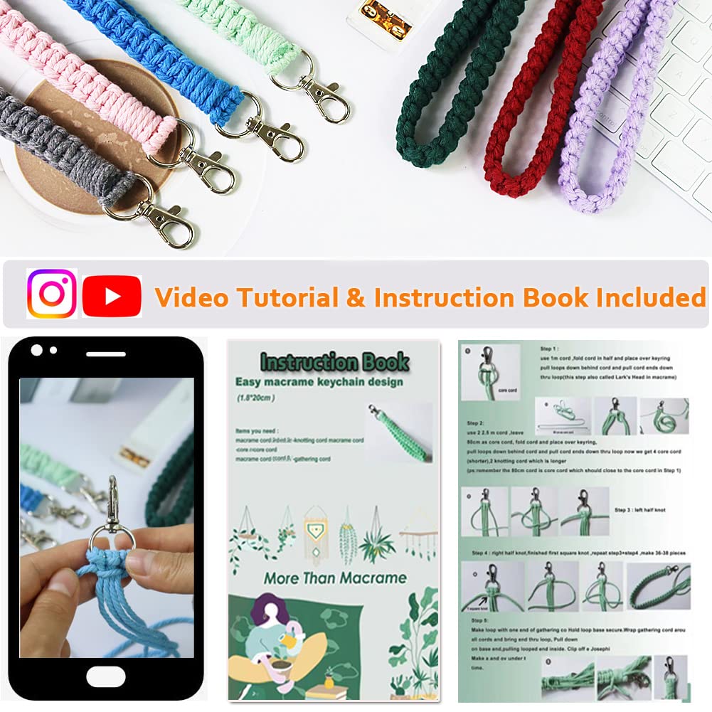suo long Macrame Kits for Adults Beginner to Make 8 Macrame Keychain with 3mm Yarn Premeasured, Metal Key Ring,Instruction Book for Starter Adults DIY Craft Kit