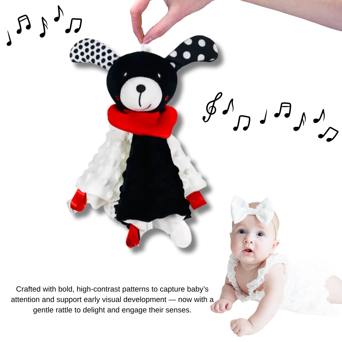 High Contrast Baby Security Blanket-Soft Sensory Lovey for Babies-Red, Black and White Blankie Comfort Toy (Spot the Pup)