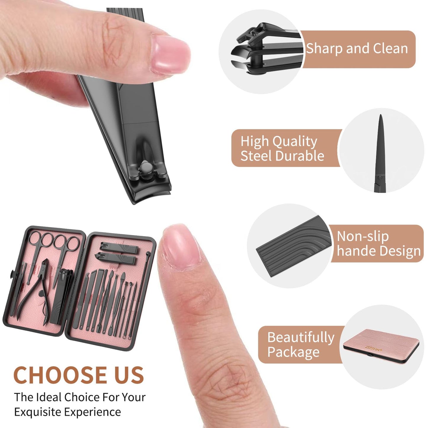 ZIZZON Nail Clippers Manicure Pedicure Set 18 in 1 Nail Grooming Kit with Leather Travel Case(Black/Pink)