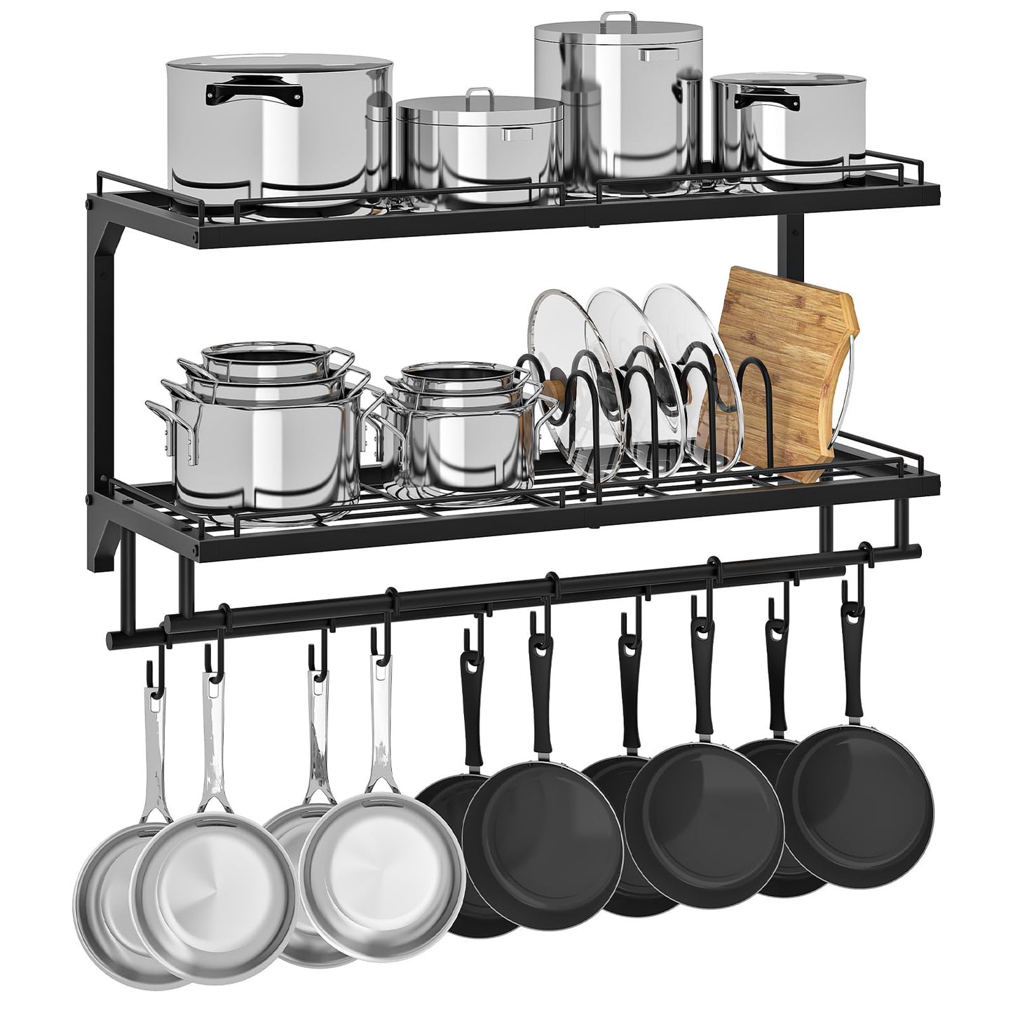 CHOEZON Pot Rack, Wall Mounted Pan Holder, 2-Tier Pot and Pan Organizer, Pot Hanger with 10 S-Shaped Hooks, Cookware Organizer with 5 Removable Metal Wire Dividers, Black TPR35BB
