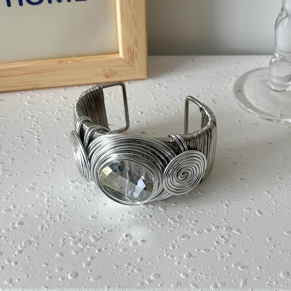 MOEEIJEW Chunky Gold Cuff Bangles Bracelets for Women Wide Silver Open African Bangle Large Rhinestone Bracelets Trendy Punk Jewelry(Gray Crystal)