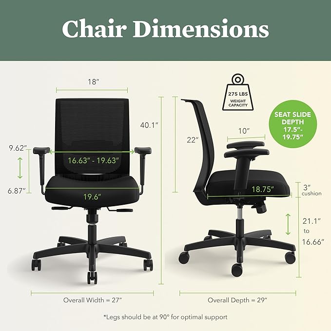 HON Convergence Ergonomic Office Chair, Breathable Back Support Mesh, Adjustable Arms, Computer Chair with Lumbar Support, Rolling Swivel Wheels, Comfortable Synchro-Tilt Recline, Fabric, Iris