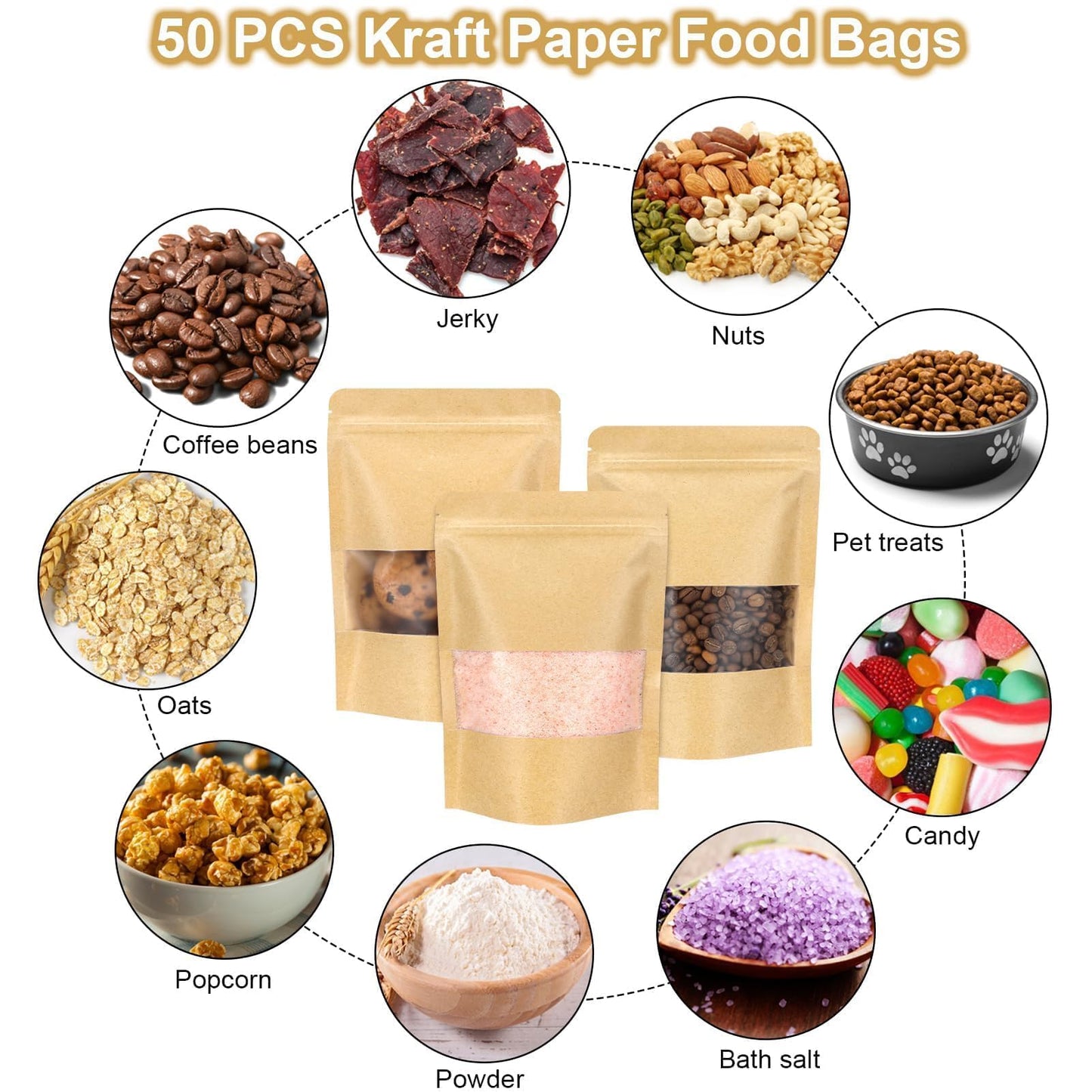 Blisstime Stand Up Pouches, 50 Pack Kraft Paper Bags with Matte Window and Tear Notch Resealable Bags for Small Business Home Use (4.8 x 6.5 Inches)