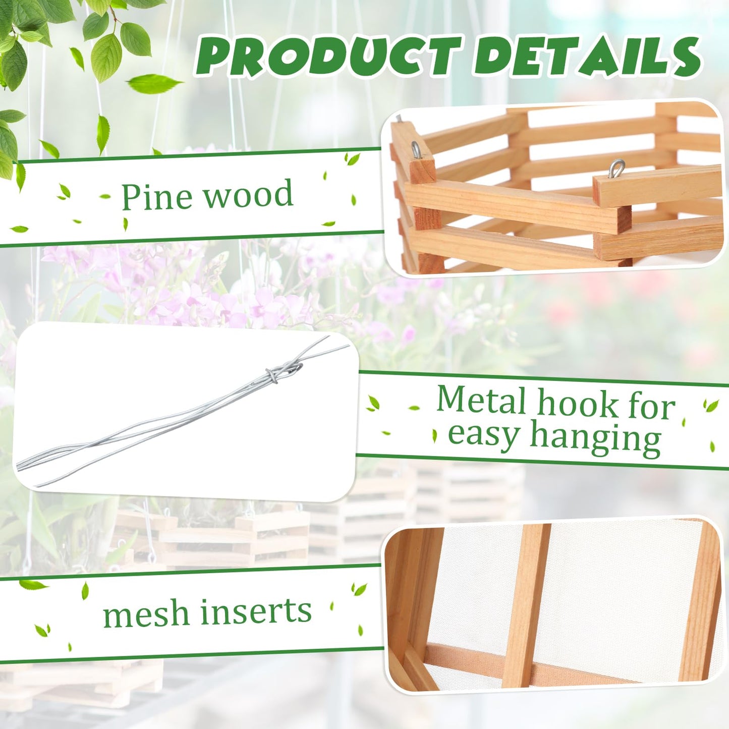 Romooa 4 Pcs Wooden Orchid Baskets with Hangers for Outdoor Plants, Rustic Handmade Vanda Baskets, Hanging Orchid Planter, 4 Size