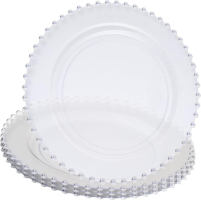 PLASTICPRO Clear Plastic Charger Plates with Beaded Edge – Pack of 8 – 13" Elegant Round Disposable Chargers for Weddings, Events, Parties, and Dinners