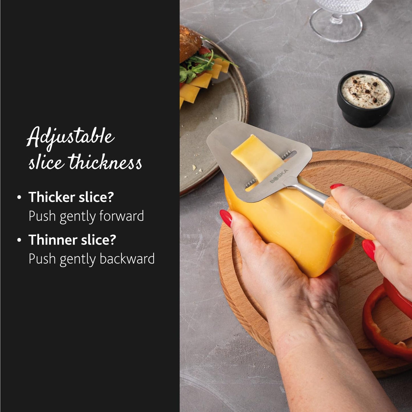 Boska Cheese Slicer Amigo - Slicer for Mature and Aged Cheese - Ergonomic Handle - Stainless Steel - Beech Wood - Non-stick Thanks to BSF Treatment - Also for Slicing Vegetables