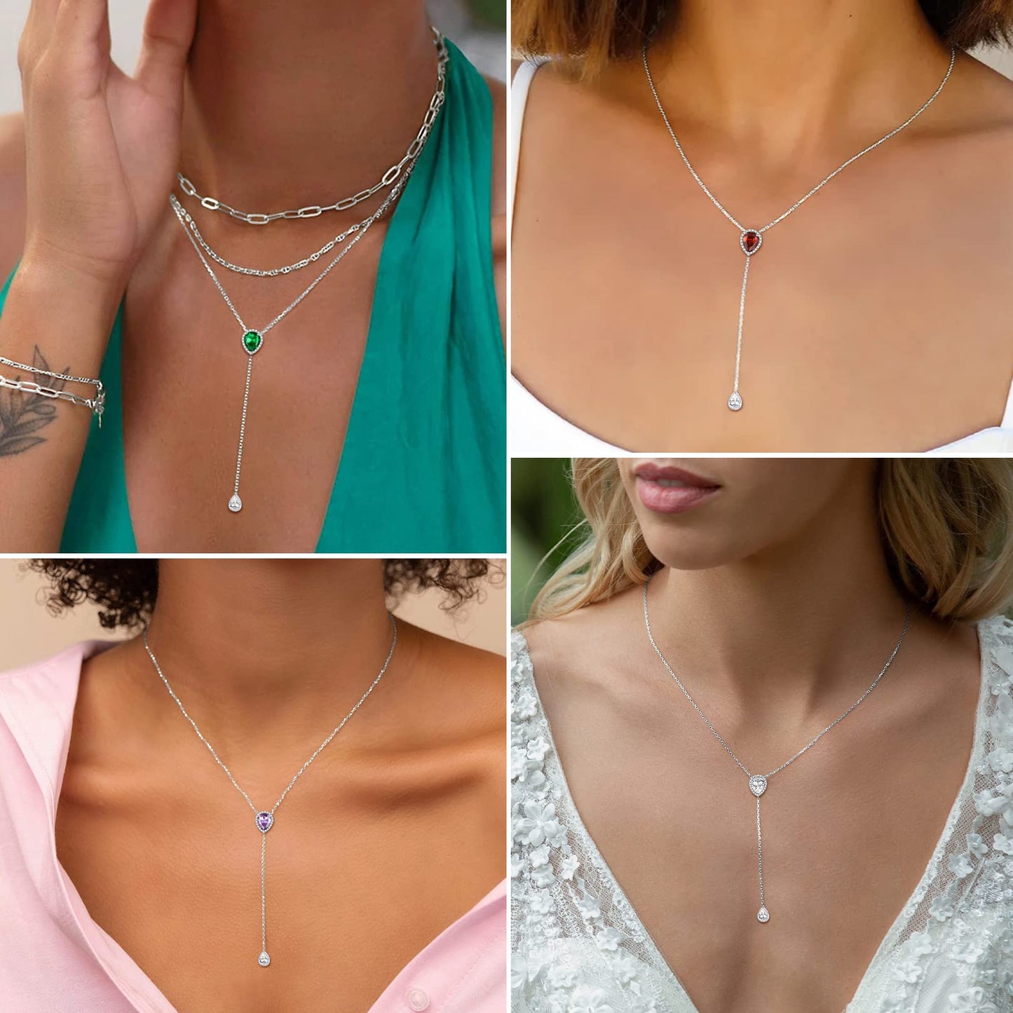 FOCALOOK 925 Sterling Silver CZ Teardrop Lariat Necklace 16"-18" Y Drop Adjustable Birthstone Necklaces for Women