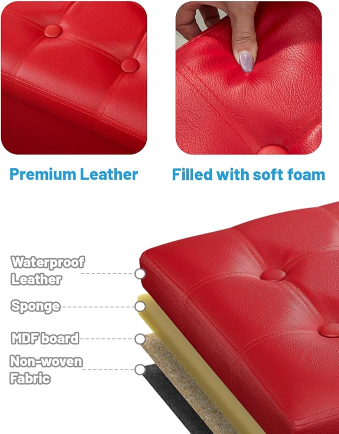 AmasSmile Storage Ottoman Folding Foot Rest Stool, Leather Footstool Bench, Short Ottoman Stool, Storage Foot Rest Store, Books (Red, 17" D x 13" W x 13" H)