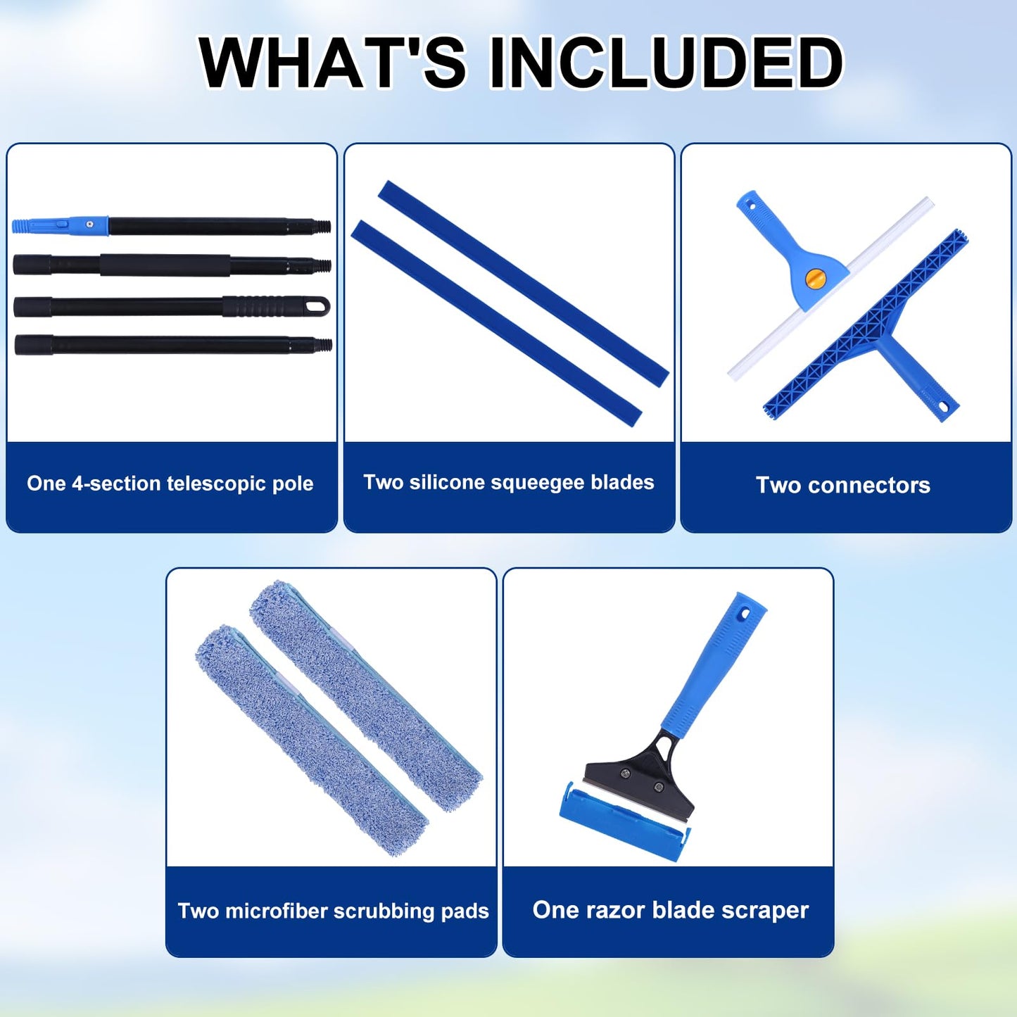 3-in-1 Professional Window Squeegee Kit with 2 Squeegee, 2 Microfiber Scrubber, 1 Razor Scraper, Thick Iron, 63.4" Window Squeegee with Extension Pole for Car, Glass, Mirror, Wall, Bathroom, Home, Van
