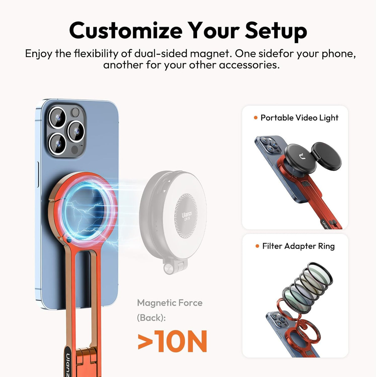 ULANZI MA30 Magnetic Phone Tripod Stand for iPhone - Aluminium Maglock Smartphone Mini Tripod Pocket Cell Phone Stand Strong Magnet Quick Mount Compatible with iPhone 16 15 14 13 12 Series, Orange