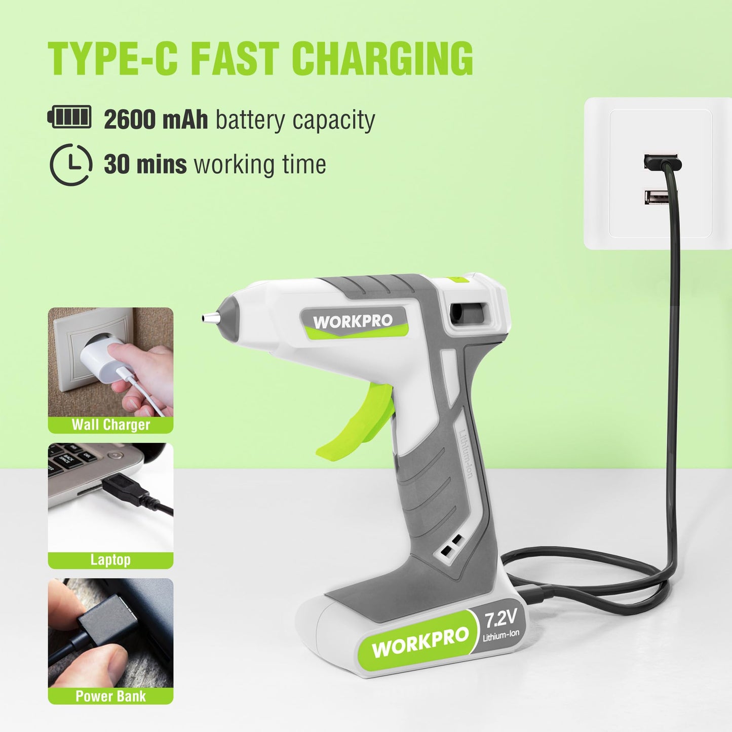 WORKPRO Cordless Hot Glue Gun, 30s Fast Preheating, 7.2V Dual-Temp Glue Gun Kit with 50pcs Glue Gun Sticks, Storage Bag, USB-C Charging Cord, 2600mAh Battery for DIY and Crafting, White